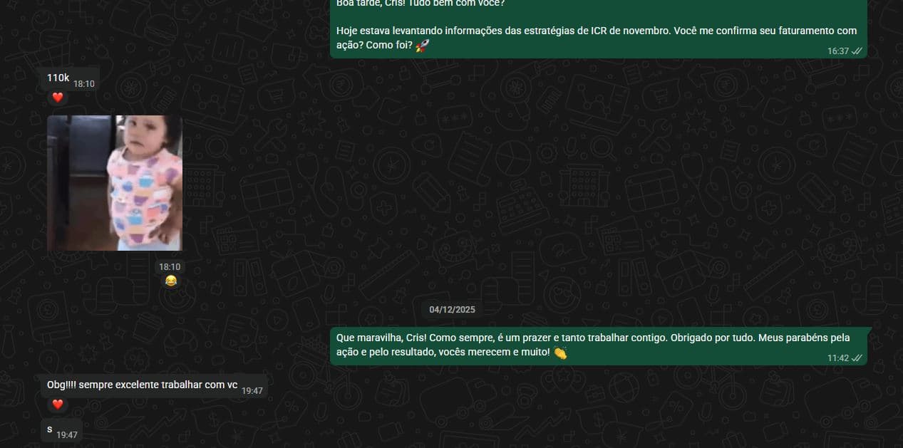 Print de WhatsApp: CMB Estética confirmou R$ 110 mil de faturamento