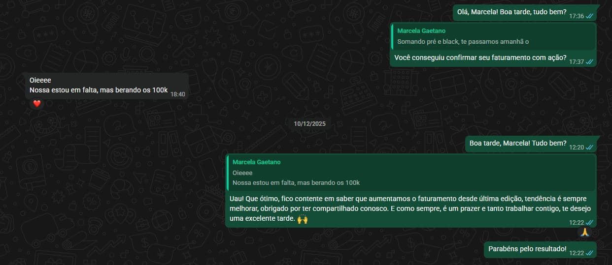 Print de WhatsApp: Marcela · Fisiobella confirmou R$ 100 mil de faturamento