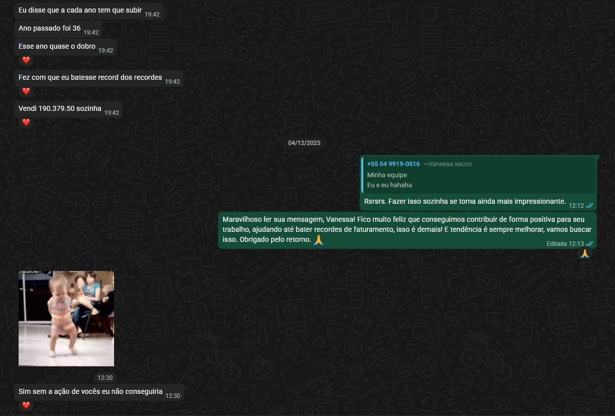Print de WhatsApp: Vanessa · vendeu sozinha confirmou R$ 190 mil de faturamento